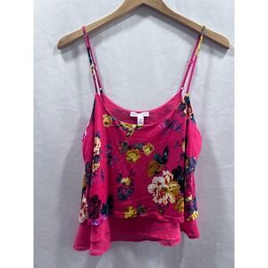 Ambiance Apparel  Red Floral Shirt Women's M Sleeveless Scoop Neck Crop Top